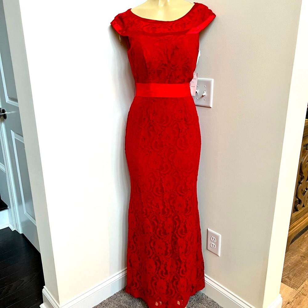Juno red belted lace gown dress
